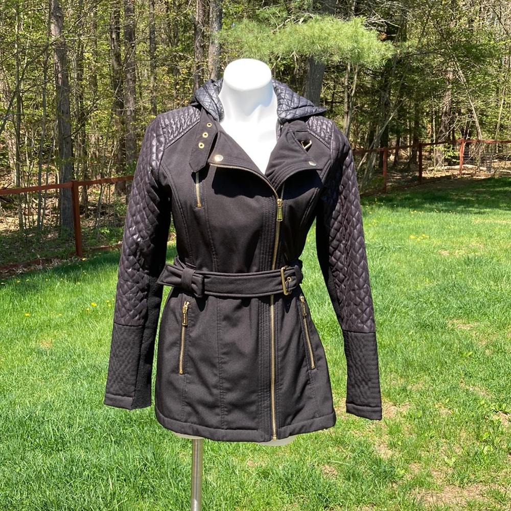 Michael Kors plush lined removable hood quilted sleeve moto coat size in black S
